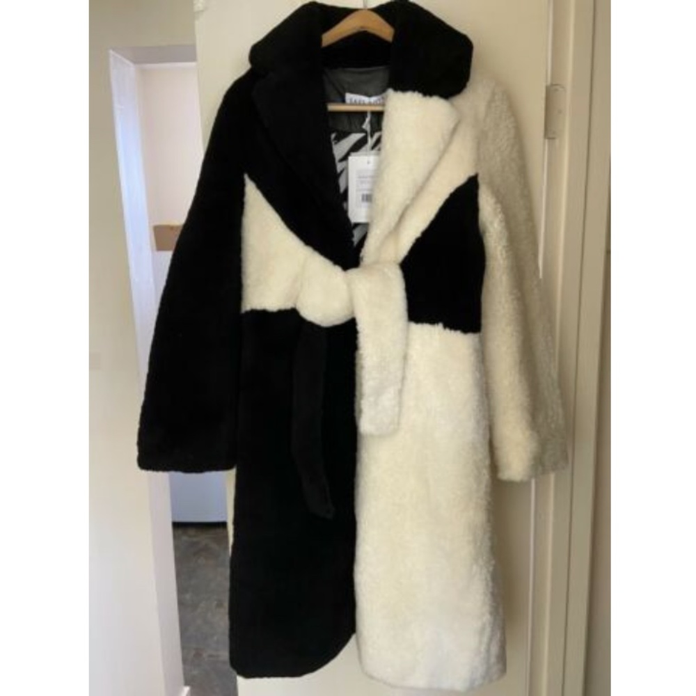 NWT Saks Potts Shearling Wrapis Long Coat B&W - Picture 2 of 4